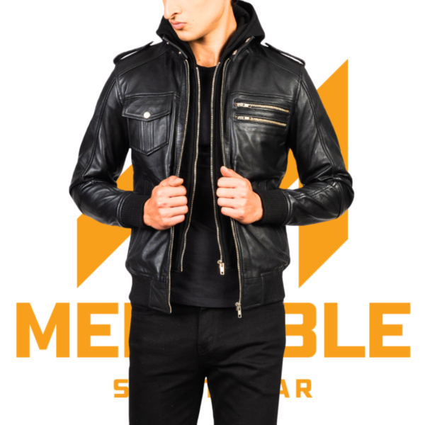 Bravado Black Hooded Leather Bomber Jacket