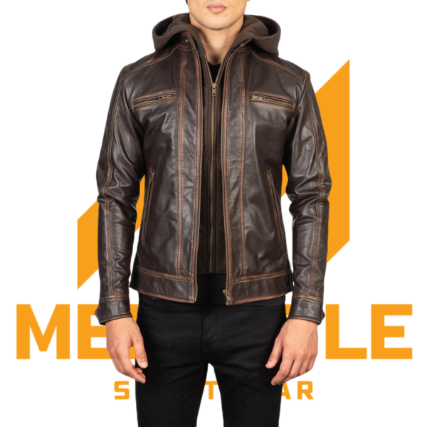 Hector Vintage Brown Hooded Leather Biker Jacket