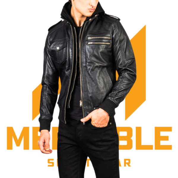 Bravado Black Hooded Leather Bomber Jacket - Image 3