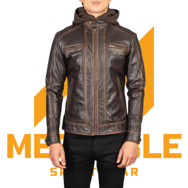 Hector Vintage Brown Hooded Leather Biker Jacket - Image 4
