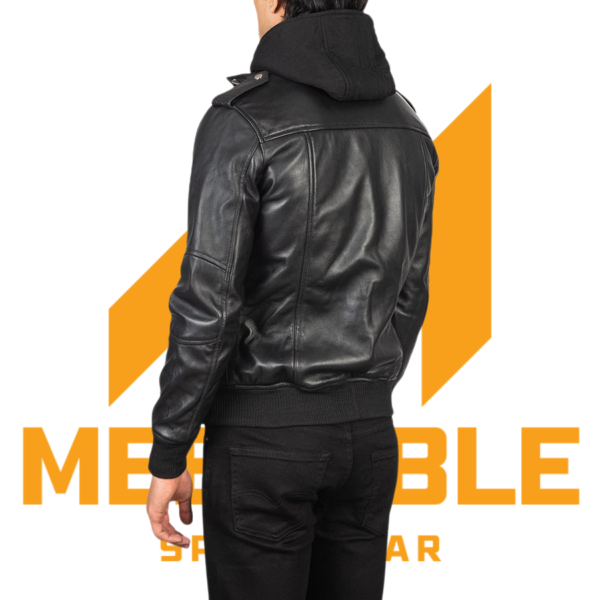 Bravado Black Hooded Leather Bomber Jacket - Image 4