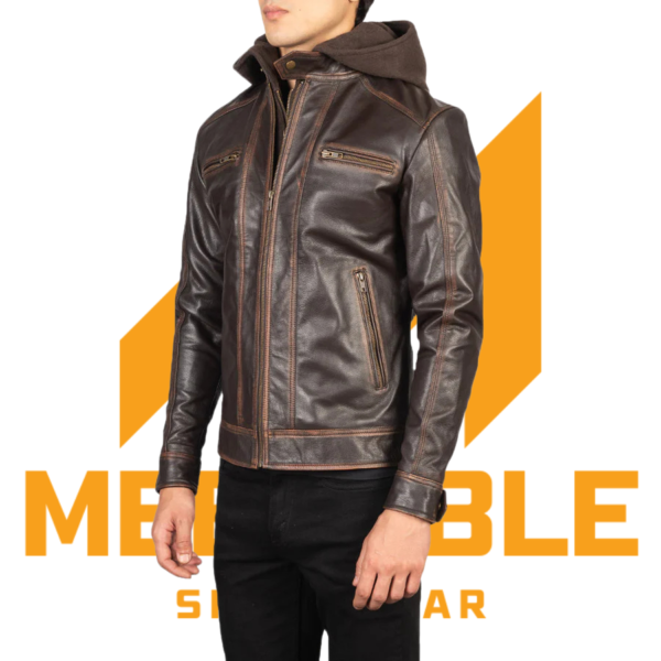 Hector Vintage Brown Hooded Leather Biker Jacket - Image 2