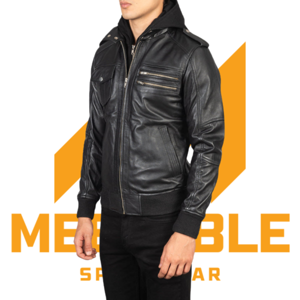 Bravado Black Hooded Leather Bomber Jacket - Image 5