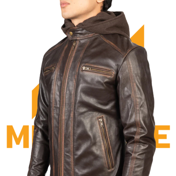 Hector Vintage Brown Hooded Leather Biker Jacket - Image 3