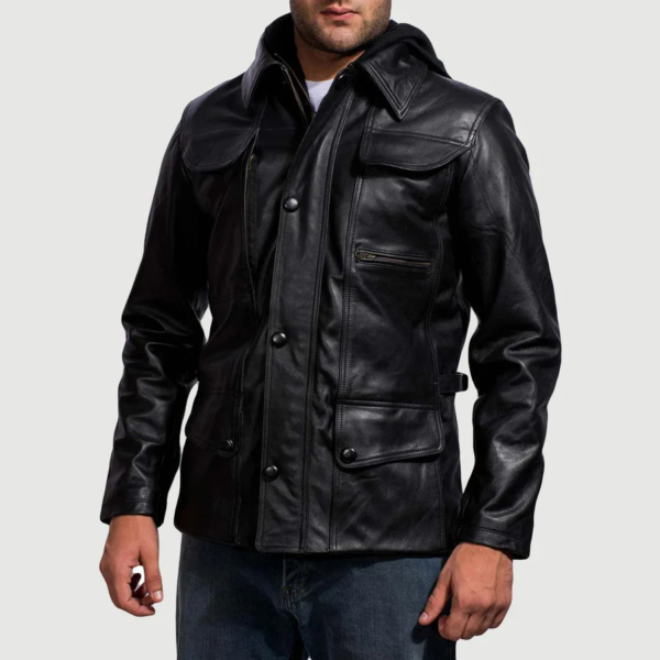 Moulder Hooded Black Leather Jacket - Image 4