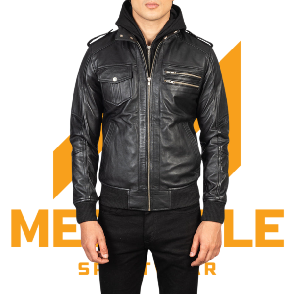 Bravado Black Hooded Leather Bomber Jacket - Image 2